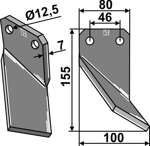 Roterende tand 155 x 80 mm, højre