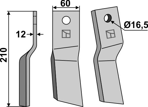 Roterende tand 210 x 60 mm, venstre