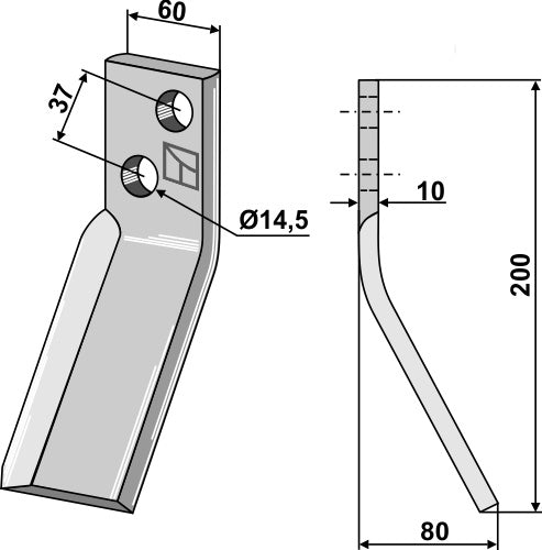 Roterende tand 200 x 60 mm, højre