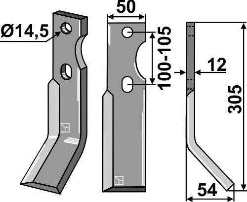 Roterende tand 305 x 50 mm, højre