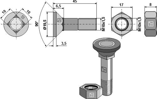 Kyntöruuvi M10x1,5x45 ja kuusikulmainen mutteri