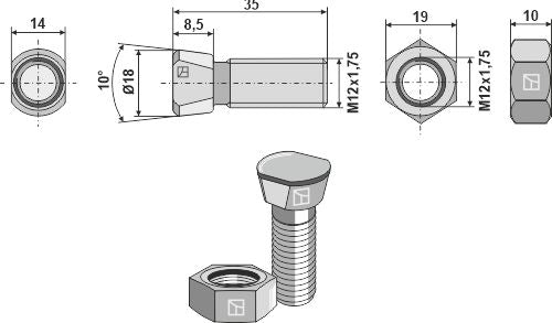 Kyntöpultti M12x1,75x35 kuusikulmaisella mutterilla