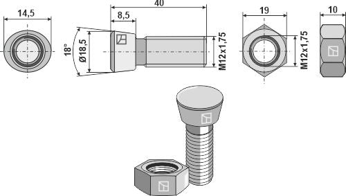 Kyntöruuvi M12x1,75x40 kuusikulmaisella mutterilla