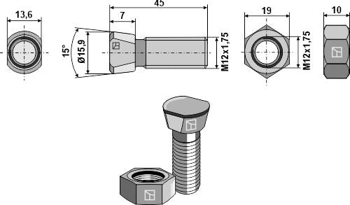 Kyntöpultti M12x1,75x45 kuusikulmaisella mutterilla