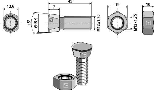 Kyntöruuvit M12x1,75x45 kuusikulmaisilla muttereilla