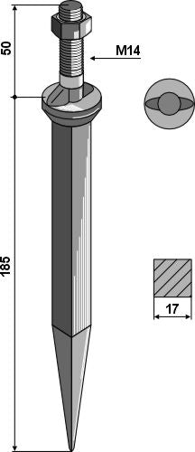 Sead-äes piikki booriteräksestä, jossa on liikkeen suuntaan kulkeva soikea kaula