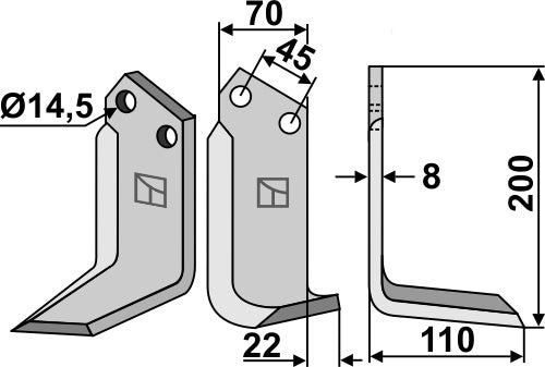 Terä 200 x 70 mm, oikea