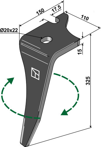 Kierrekultivaattorin piikki 325 mm, oikea