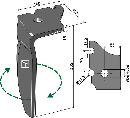 Pyörivän äes terä 335 mm, oikea