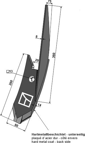 Lateral kultivatorspiss - høyre - hardmetallbelagt
