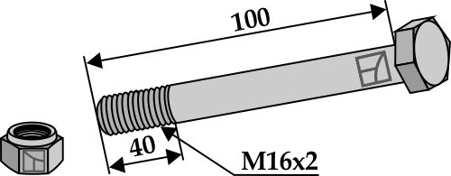 Sekskantbolt M16x2x100 med selvlåsende mutter