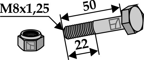 Sekskantbolt M8x1,25x50 med selvlåsende mutter