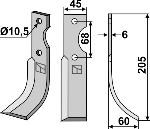 Blad 205x45mm, høyre