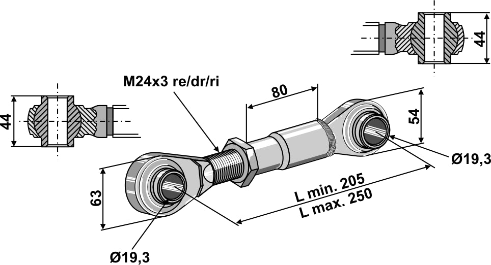 Övre länkar med härdad dragstång M24x3